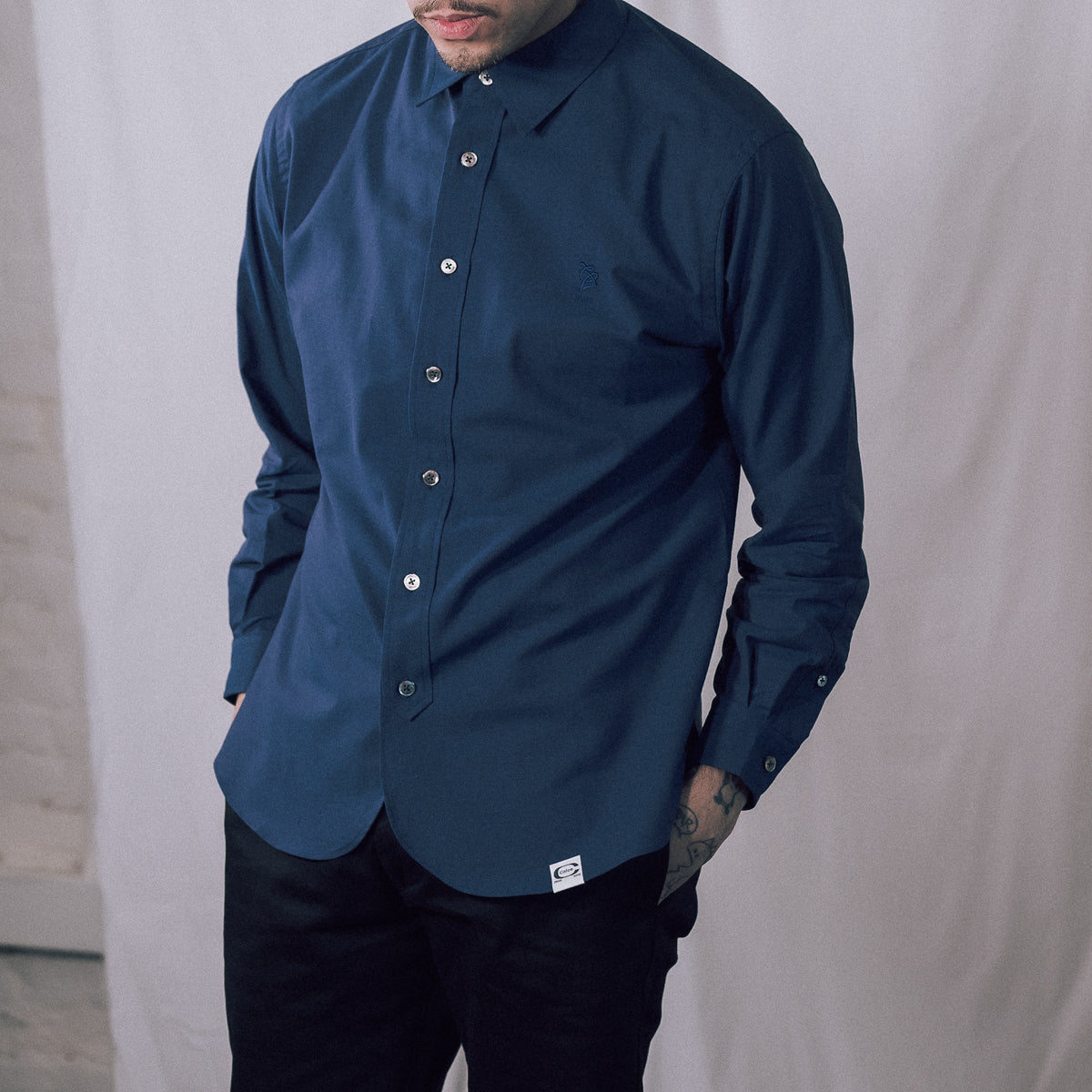 Chambray Long Sleeve Shirt - Navy Blue